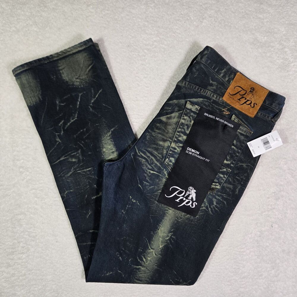 Prps Demon Slim Straight Fit Mens 38x34 Acid Wash Denim Jeans Miki Made In USA